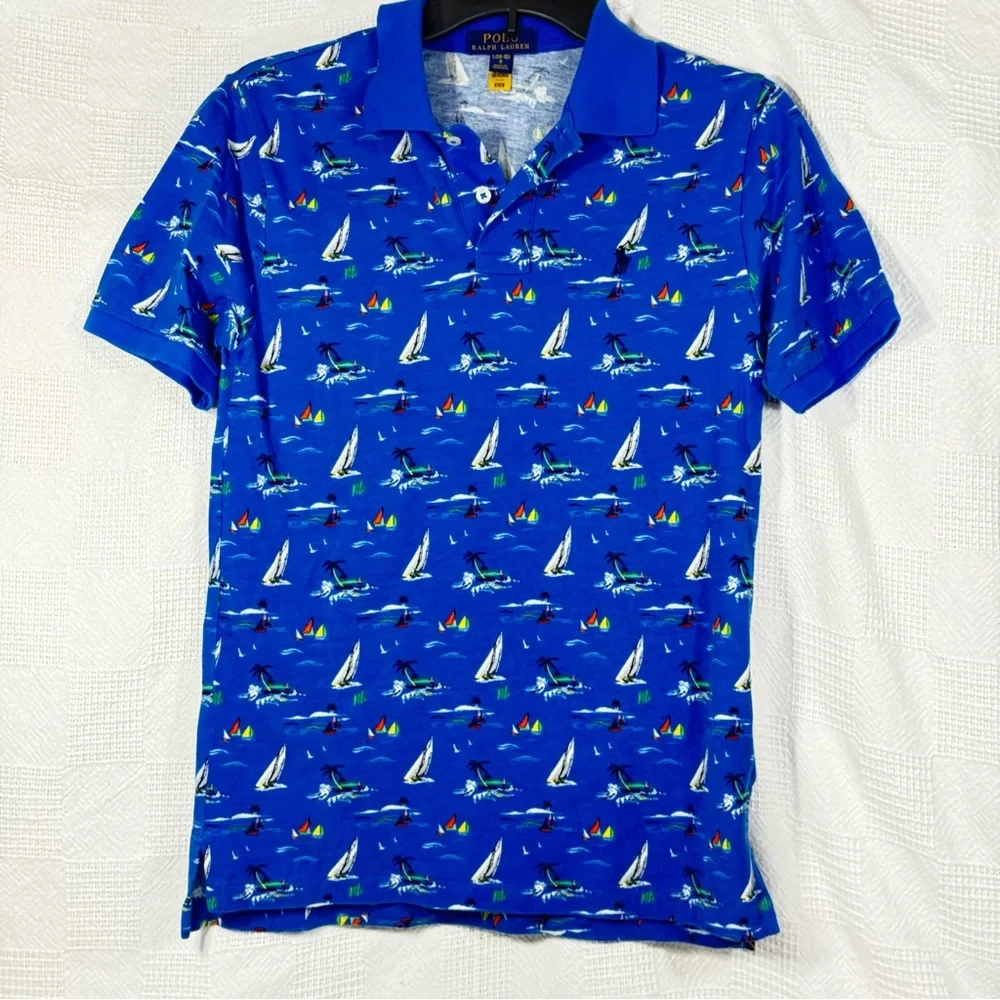 Polo Ralph Lauren Boys‎ L (14-16) Sailboat Blue Mesh Polo Shirt Short Sleeve